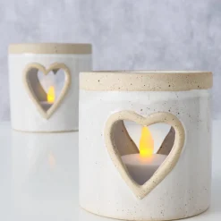 Windlicht Noomi mit Herz, Windlicht mit Farbrand, Steingut, naturtöne, 11cm, Boltze Home Collections