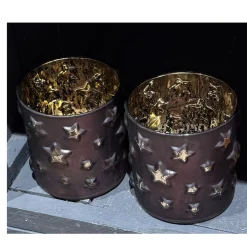 Windlicht Sterne, Glaswindlicht Weihnachtssterne violett-gold, 9x10cm