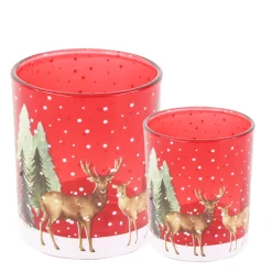Windlichtglas Winterwald, Hirsche und Reh im Wald, rot, 9x10cm