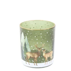 Windlichtglas Winterwald, Hirsche und Reh im Wald, grün, 7x8cm
