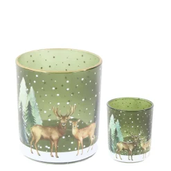 Windlichtglas Winterwald, Hirsche und Reh im Wald, grün, 7x8cm