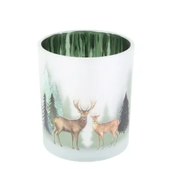 Windlichtglas Winterwald, Hirsche und Reh im Wald, matt, grün, 9x10cm,