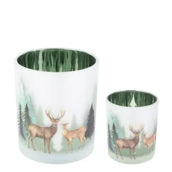 Windlichtglas Winterwald, Hirsche und Reh im Wald, matt, grün, 7x8cm