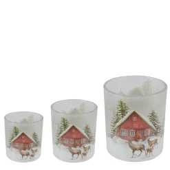 Windlicht Hüttenzauber, Glas Windlicht mit Berghütte, Hirsch und Rehe im Winterwald, 9cm