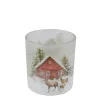 Windlicht Hüttenzauber, Glas Windlicht mit Berghütte, Hirsch und Rehe im Winterwald, 7cm