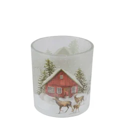 Windlicht Hüttenzauber, Glas Windlicht mit Berghütte, Hirsch und Rehe im Winterwald, 7cm