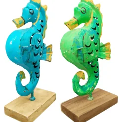 Windlicht Seepferdchen blau, Seepferdchen mit kleinem Türchen, 24cm, Metall