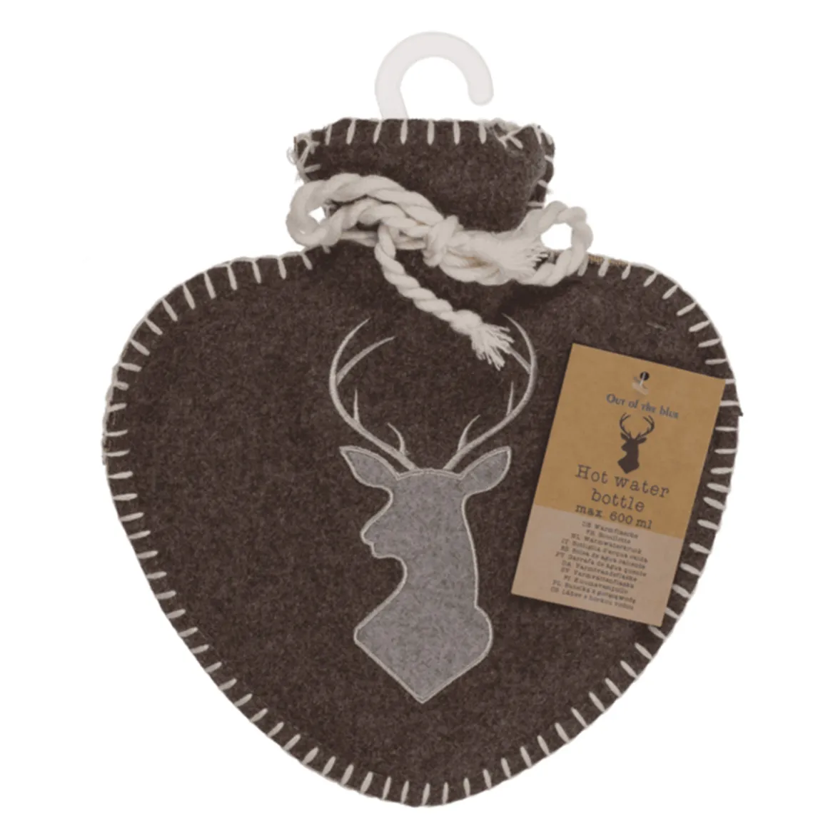 Wärmflasche Landhaus Hirsch, Herzform, Filzbezug mit Hirschmotiv und Kordel, braun-grau