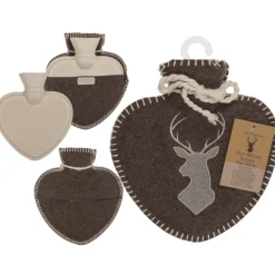 Wärmflasche Landhaus Hirsch, Herzform, Filzbezug mit Hirschmotiv und Kordel, braun-grau