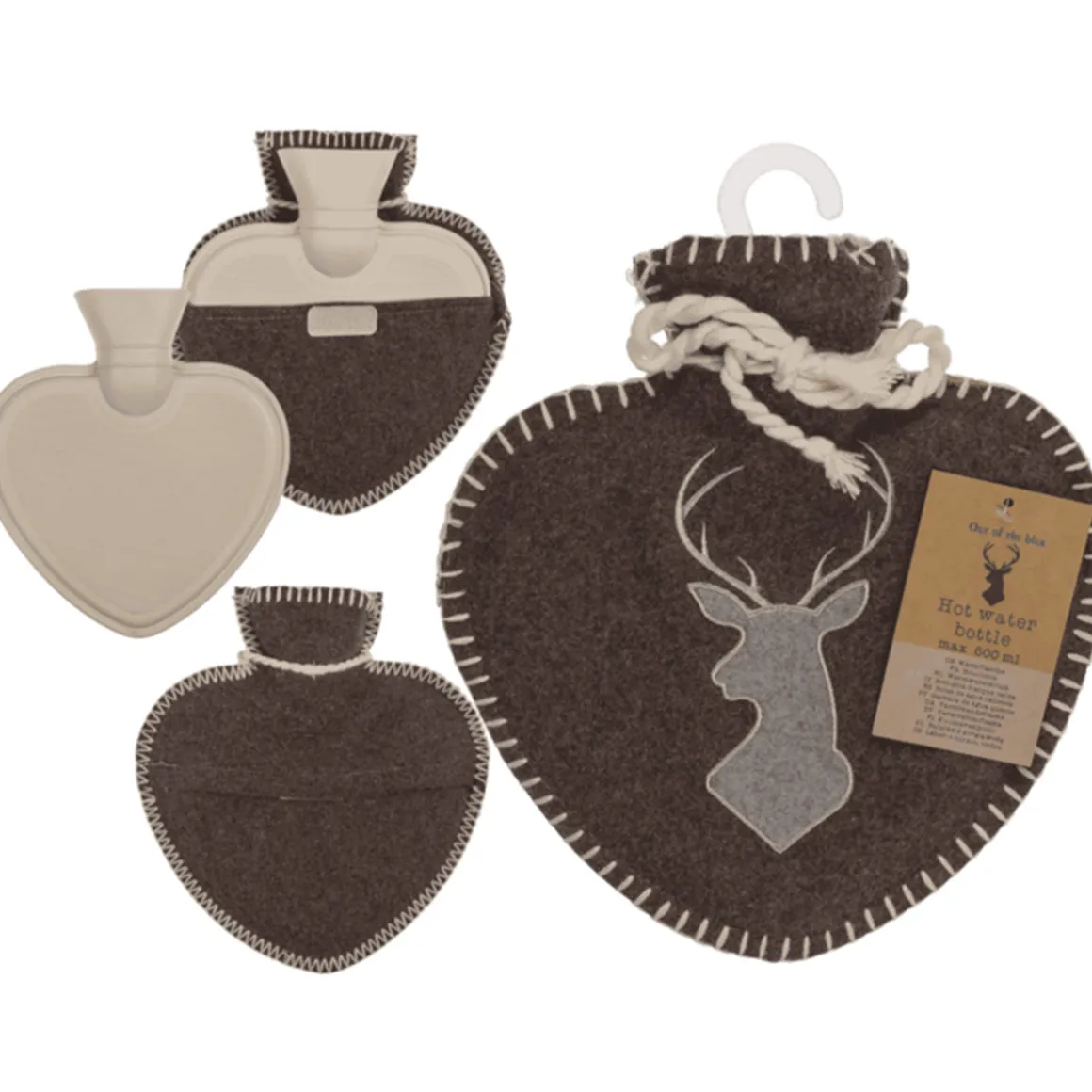 Wärmflasche Landhaus Hirsch, Herzform, Filzbezug mit Hirschmotiv und Kordel, braun-grau