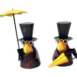 Zaunhocker Vogel, Rabe Rudi mit Zylinder und Regenschirm, 17cm, Metall
