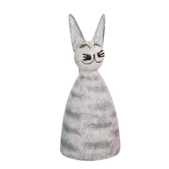 Zaunhocker Bauernhoftier Katze, Metallkatze grau-weiß, 12x24cm