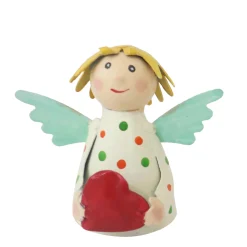 Zaunhocker Engel Schutzengel, Metallengel mit Herz und weiß-creme Pünktchen-Kleid, 9cm