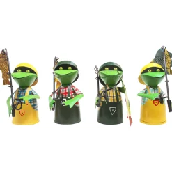 Zaunhocker Frosch Angler, Metallfrosch mit Angel und Fisch, gelbe Schürze, 25cm