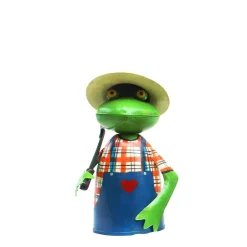 Zaunhocker Frosch Gärtner mit Stab, Metallfrosch in Gärtnerschürze und Sonnenhut, 21cm