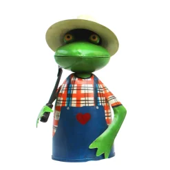 Zaunhocker Frosch Gärtner mit Stab, Metallfrosch in Gärtnerschürze und Sonnenhut, 21cm