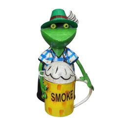 Zaunhocker Frosch Landhaus, Metallfrosch in Lederhose mit Aschenbecher Bierkrug, 22cm