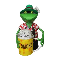 Zaunhocker Frosch Landhaus, Metallfrosch in Lederhose mit Aschenbecher Bierkrug, 22cm