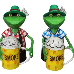 Zaunhocker Frosch Landhaus, Metallfrosch in Lederhose mit Aschenbecher Bierkrug, 22cm
