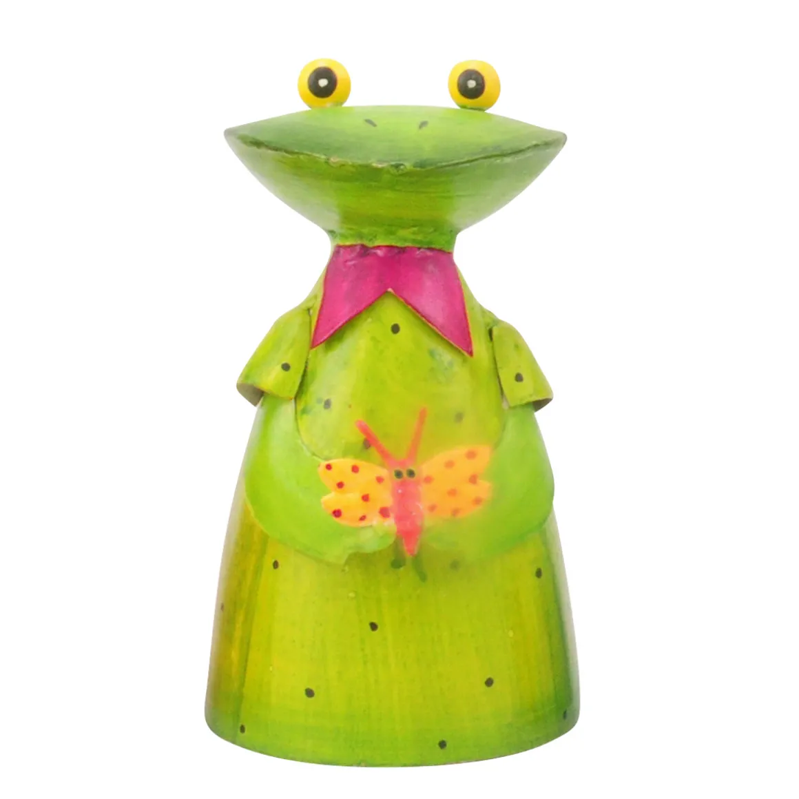 Zaunhocker Frosch mit Schmetterling, Metallfrosch grünes Kleid und Schmetterling, 18cm