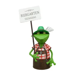 Zaunhocker Frosch Tracht, Metallfrosch in Lederhose mit Schild Biergarten, 30cm
