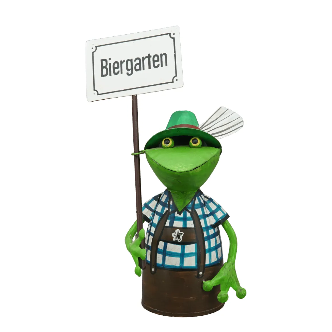 Zaunhocker Frosch Tracht, Metallfrosch in Lederhose mit Schild Biergarten, 30cm