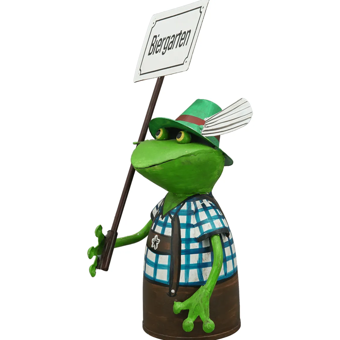 Zaunhocker Frosch Tracht, Metallfrosch in Lederhose mit Schild Biergarten, 30cm