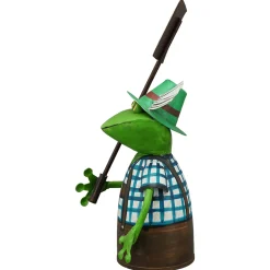 Zaunhocker Frosch Tracht, Metallfrosch in Lederhose mit Schild Biergarten, 30cm