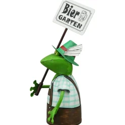 Zaunhocker Frosch Tracht, Metallfrosch in Lederhose mit Schild Biergarten, 30cm