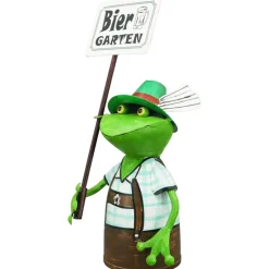 Zaunhocker Frosch Tracht, Metallfrosch in Lederhose mit Schild Biergarten, 30cm