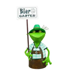 Zaunhocker Frosch Tracht, Metallfrosch in Lederhose mit Schild Biergarten, 30cm