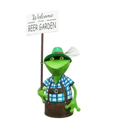 Zaunhocker Frosch Tracht, Metallfrosch in Lederhose mit Schild Welcome to our Beer Garden, 30cm
