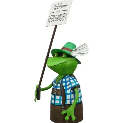Zaunhocker Frosch Tracht, Metallfrosch in Lederhose mit Schild Welcome to our Beer Garden, 30cm