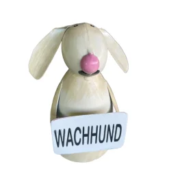 Zaunhocker Hund, Metallhund beige used look mit Schild: Wachhund, 19cm