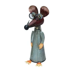 Zaunhocker Maus mit langer Nase und Brille, Metallmaus mit graublauem Kleid, 30cm
